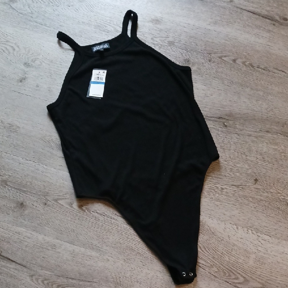 NWT Danielle Bernstein Black Bodysuit with Textured Fabric and High Neckline XL